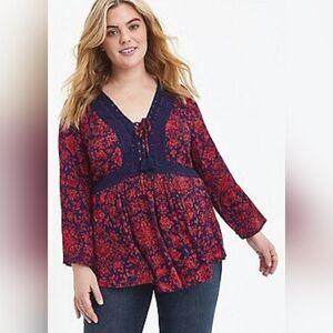 Torrid Babydoll Crochet Trim Lace Blouse Top Long Sleeves Size 0
